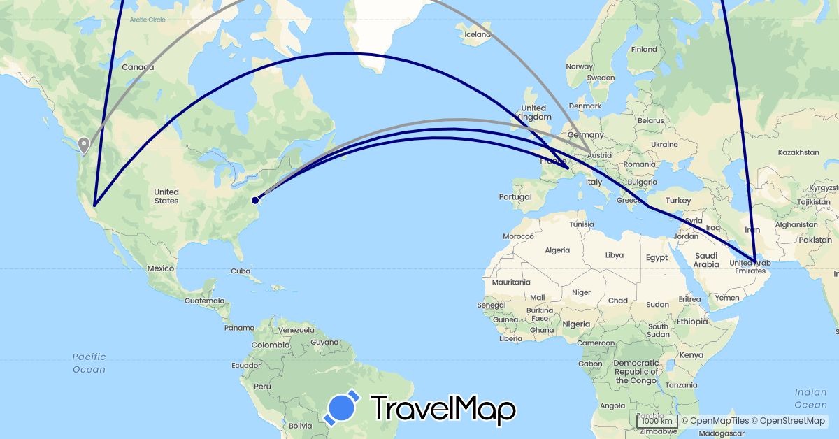TravelMap itinerary: driving, plane in United Arab Emirates, Germany, France, Turkey, United States (Asia, Europe, North America)